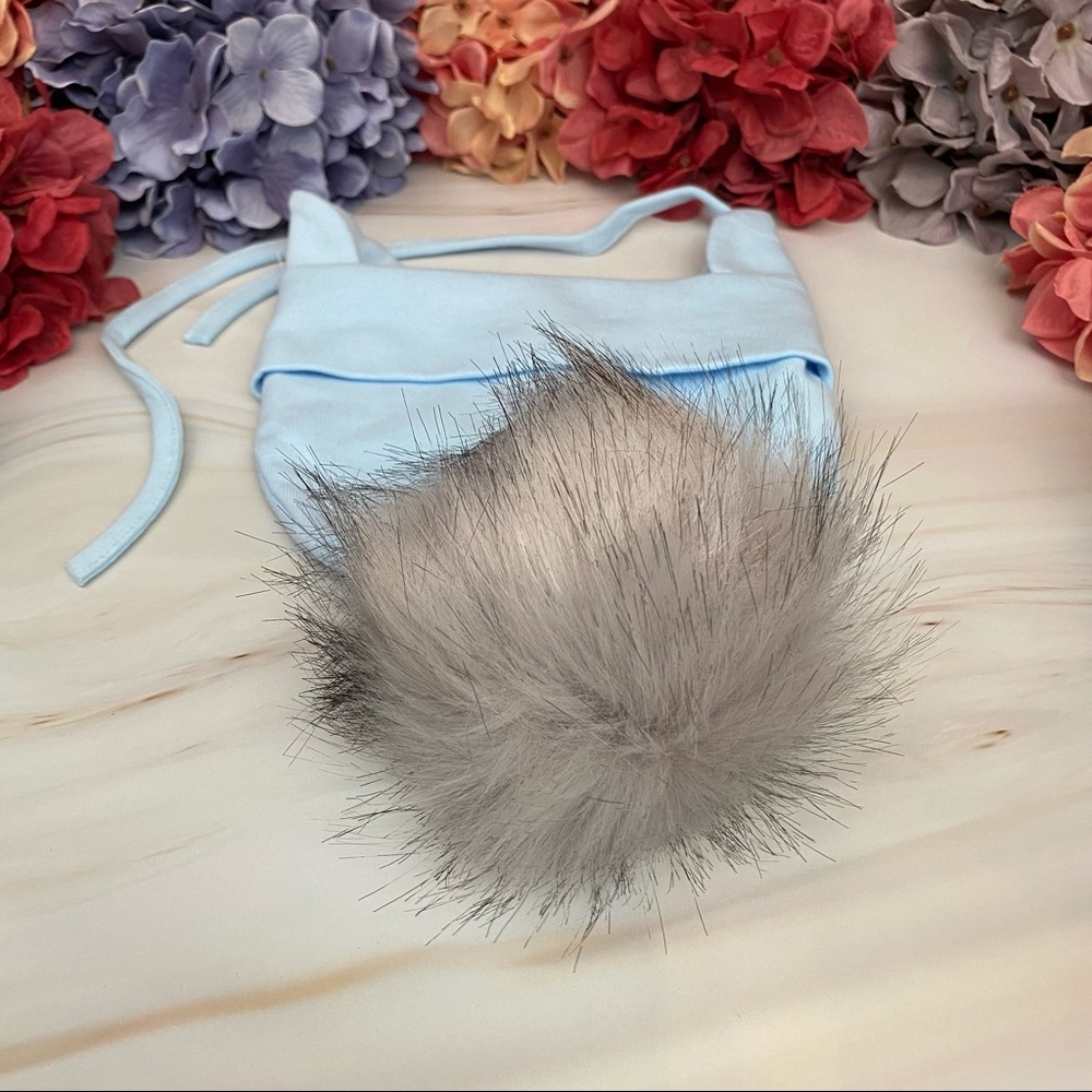 Blue Baby Beanie Hat with Gray Pom Pom and Earflaps - Picture 9 of 15